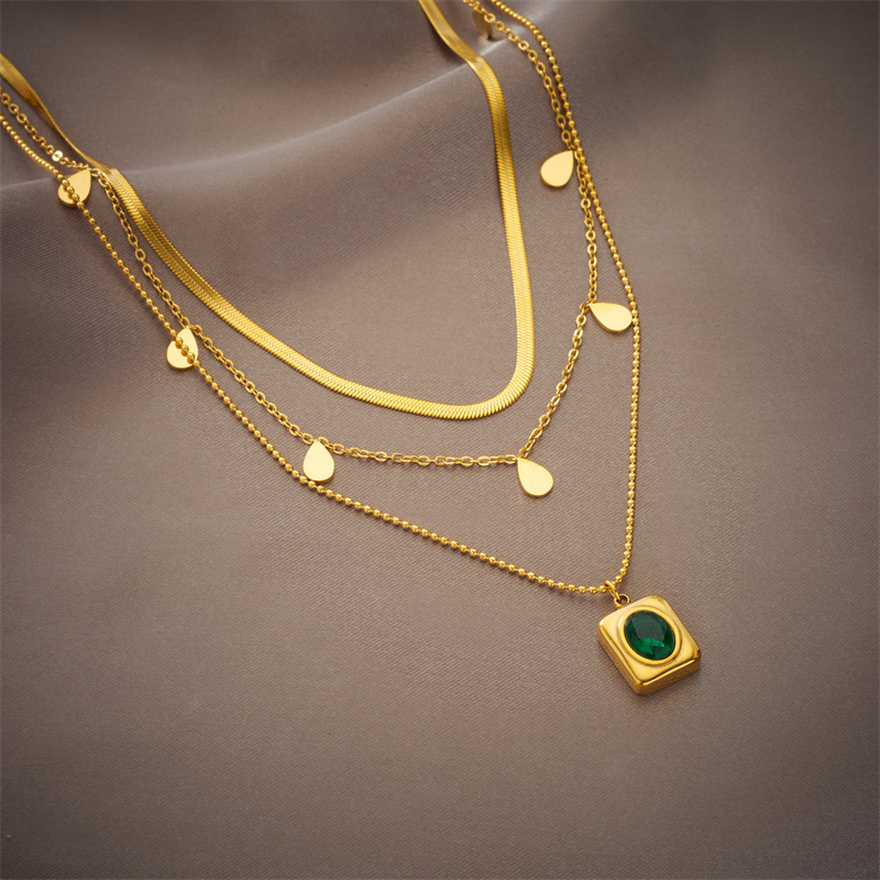 French retro emerald multi-layer titanium steel necklace fashionable popular geometric square teardrop clavicle chain_voghion.com