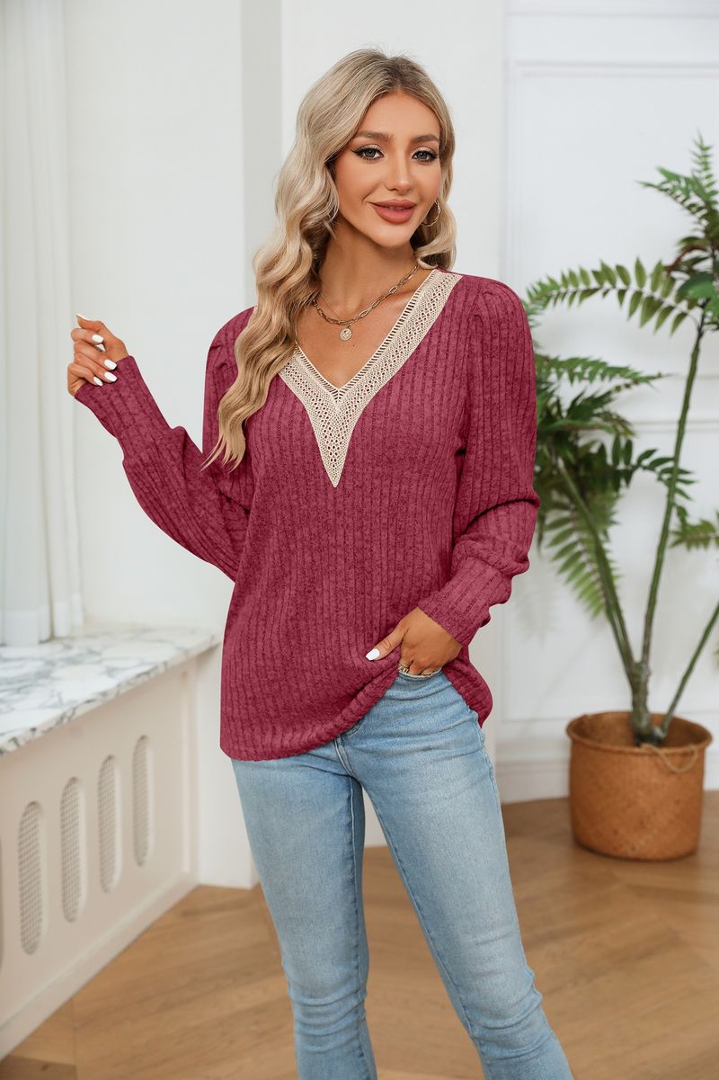 Damenbekleidung, Damen-T-Shirt mit V-Ausschnitt, Spitze, lockerer Grubenstreifen, gebürstet, lockeres Langarm-T-Shirt_voghion.com