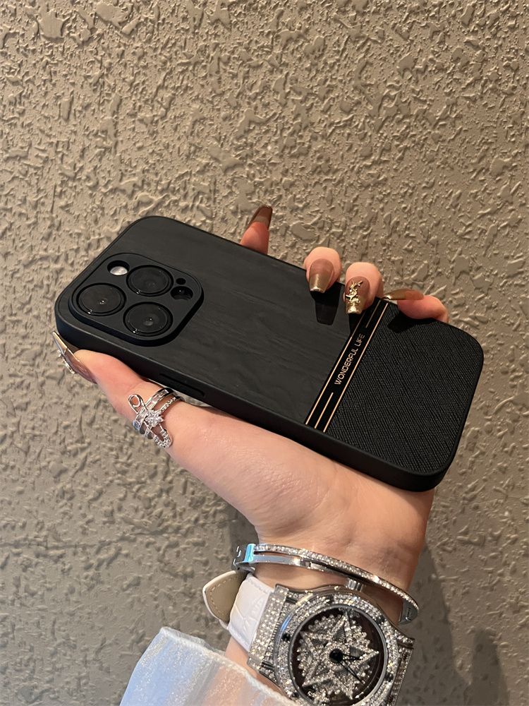 Kompatible 15 Pro Max-Telefonhülle, schlichtes Leder, neues iPhone 14, Premium-Gefühl, 16 Holzmaserung, 12 Vollabdeckungslinse_voghion.com