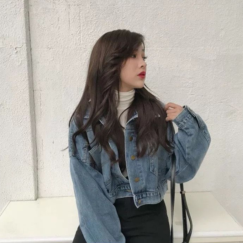Xpqbb Chaqueta vaquera recortada para mujer, moda coreana, chaqueta bomber con botones divididos en la espalda, chaqueta vaquera de manga larga con solapa para mujer_voghion.com