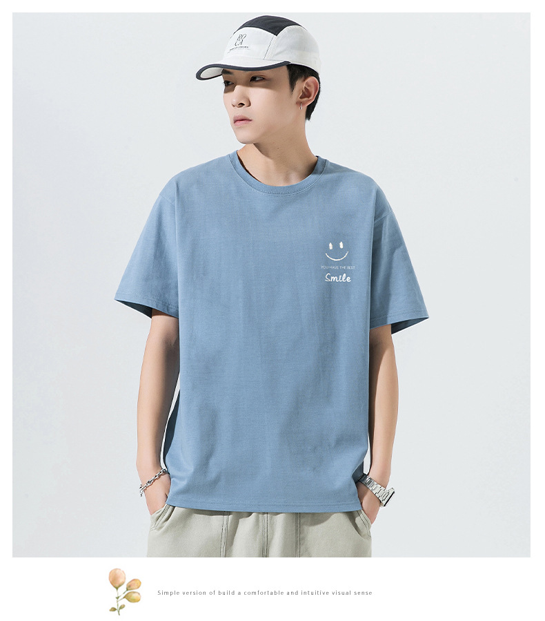 Short Sleeved T Shirt For Men Summer New Smiley Face Printed Cotton Loose Round Neck S Half Youth_voghion.com