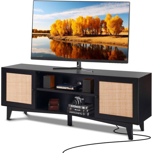 VEVOR Rattan TV Stand For 75in TV, Boho TV Stand With Rattan Door, Entertainment Center With Build-in Socket, Storage Cabinet With 2 Shelves, Modern_voghion.com