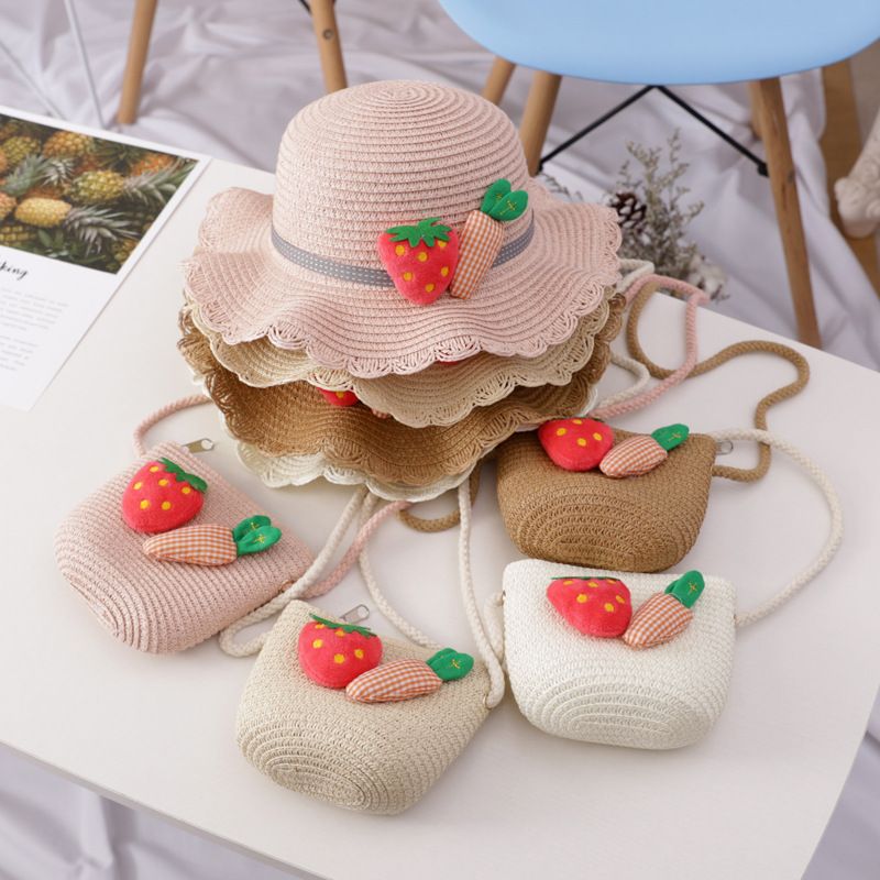 Vendita calda ragazze paglia turismo fiore bambini cappello da sole e borsa set bambino all'aperto largo tesa secchio cappelli set_voghion.com