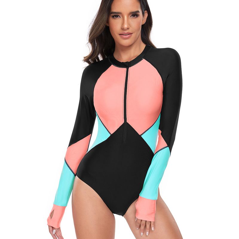 Women's Modest One-Piece Swimsuit Long Sleeve Rash Guard UPF 50+ Zip Front Swimwear With Built-in Bra – Color Block Surfing Beach Suit (S-XXL)_voghion.com