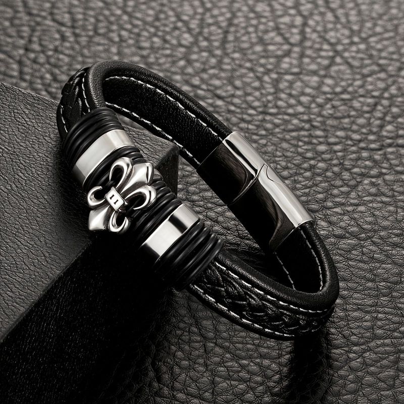 Bracciale intrecciato in acciaio inossidabile con cordino in pelle da uomo, accessorio di personalità_voghion.com