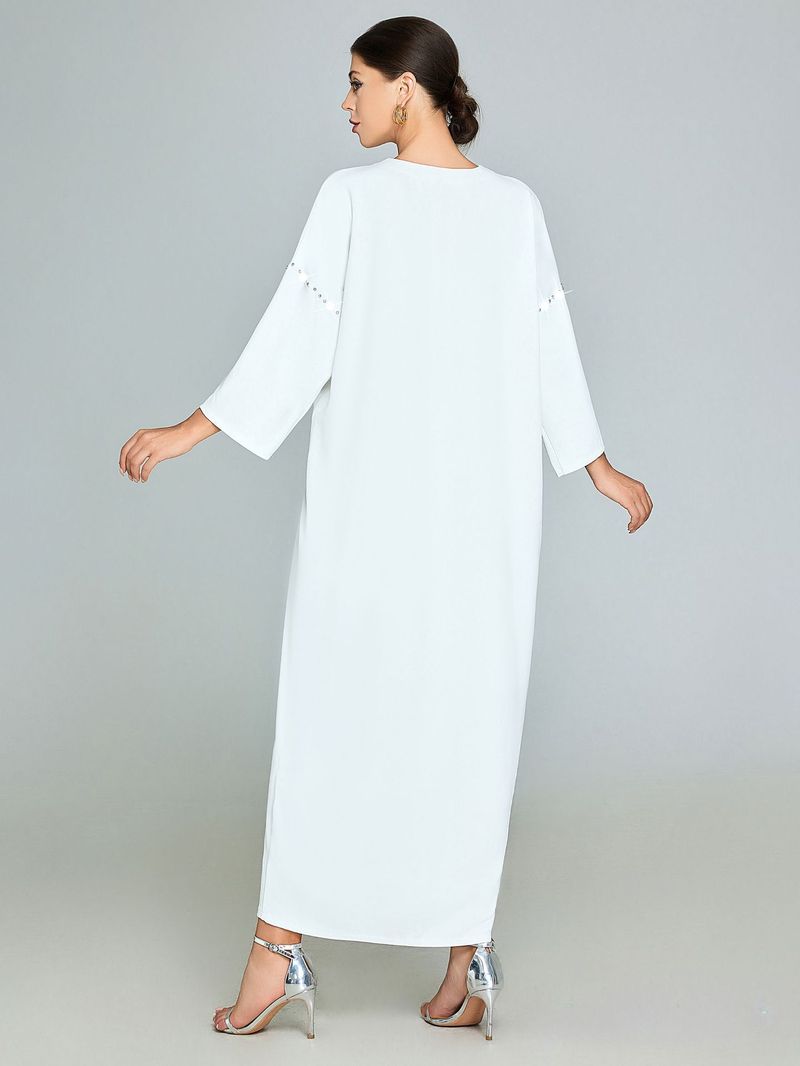 Elegante abito lungo con perline fatte a mano per donna - Abaya fluido e taglie forti con decorazioni, comodo caftano a maniche lunghe per occasioni casual e speciali_voghion.com