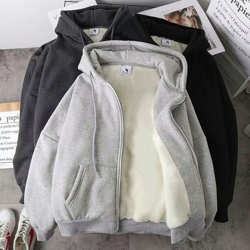 Unisex Fleece-Lined Hooded Zip-Up Sweatshirt - Oversized Winter Pullover For Couples & Students (M-3XL, Grey/Black)_voghion.com