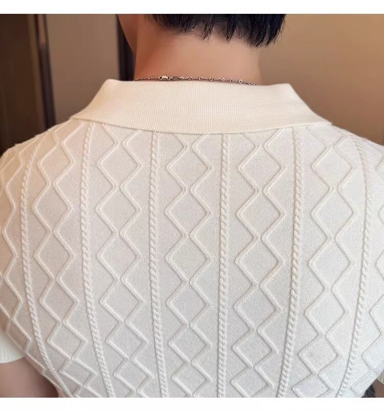 HerrenbekleidungKurzarmpullover Strukturiertes Poloshirt für Herren Revers V-Ausschnitt Slim Fit Business-T-Shirt_voghion.com