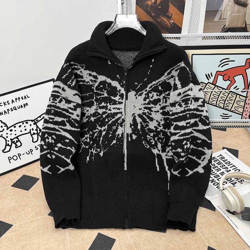 Herren-Vintage-Cardigan mit Schmetterlings-Reißverschluss – Weicher, wachsartiger Strickpullover für Herbst/Winter (Schwarz/Grau, M-XXL)_voghion.com