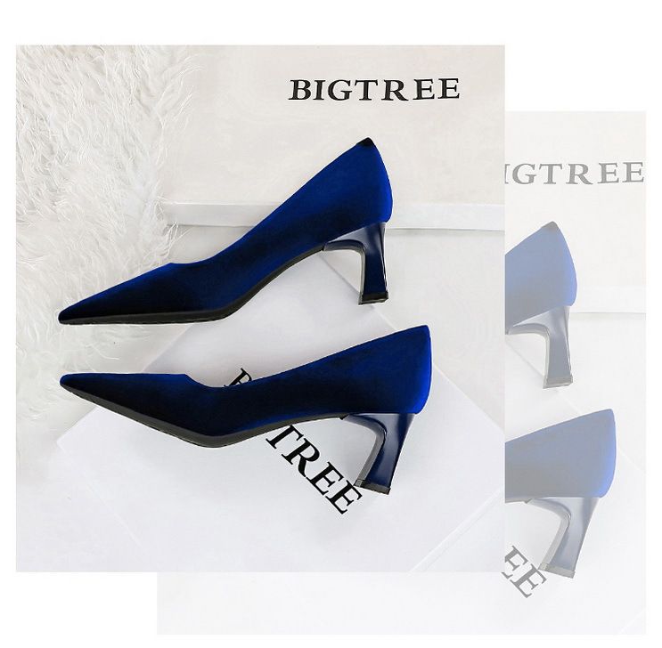 6188-9 Zapatos sencillos de moda para banquetes, de tacón alto y grueso, de gamuza y terciopelo del oeste, con boca poco profunda y puntiagudos_voghion.com