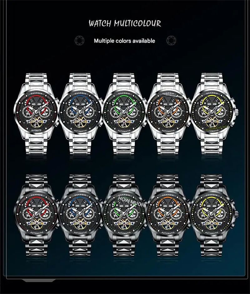 GUANQIN Automatische mechanische Herren-Skelett-Armbanduhr aus Wolframstahl, wasserdicht, Saphir, Wochenkalender, multifunktionale Uhr für Herren_voghion.com