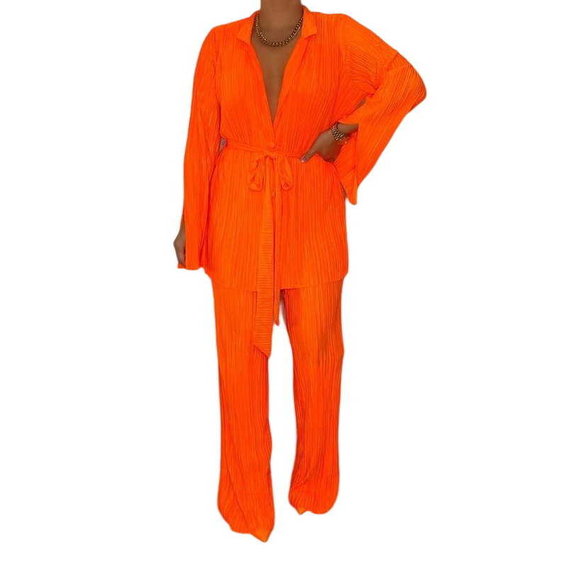 Cintura da donna tinta unita, camicia ampia a maniche lunghe e pantaloni, abito a due pezzi autunno e inverno_voghion.com