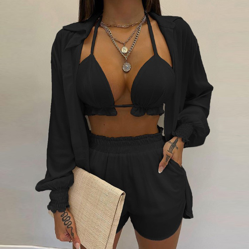 Damenbekleidung Neue sexy Damen einfarbige Shorts Mode dreiteiliges Set_voghion.com