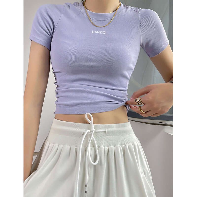 Maglietta sportiva a maniche corte da donna per yoga, asciugatura rapida e traspirante, per allenamento, pilates, spalle scoperte, moda dimagrante._voghion.com