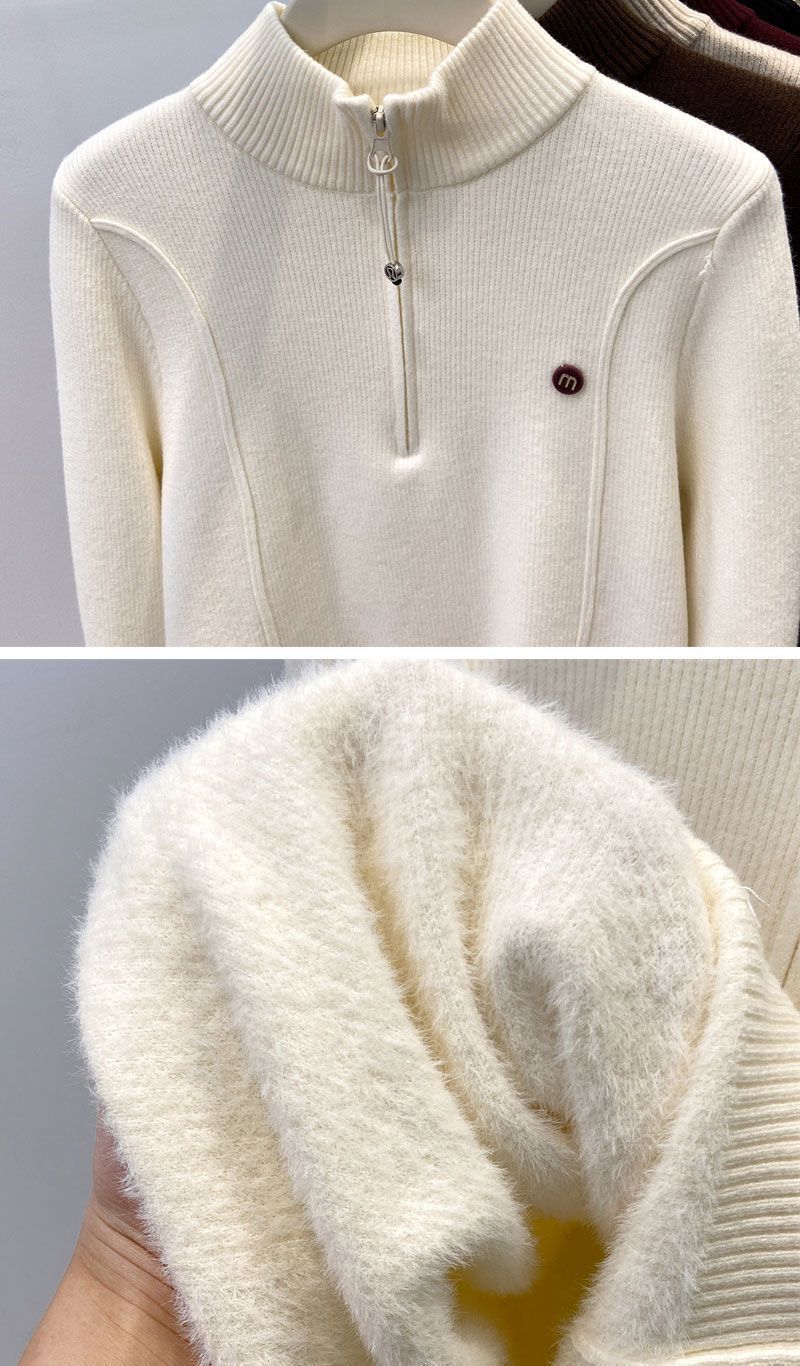 Women's High Neck Fleece Lined Knit Sweater - Cozy Winter Pullover With Half-Zip & Thickened Collar, Soft Viscose Fabric, Loose Fit Casual Top_voghion.com