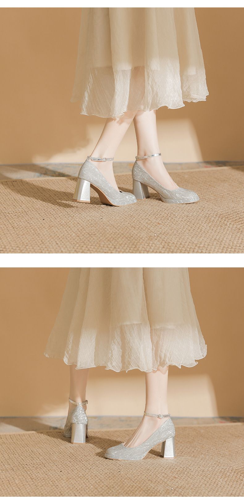 Women's Shoes One Piece Buckle Waterproof Platform Shinning Elegant Mary Jane Chunky Heel Pumps Adjustable Buckle Comfortable Square Toe High Heels_voghion.com