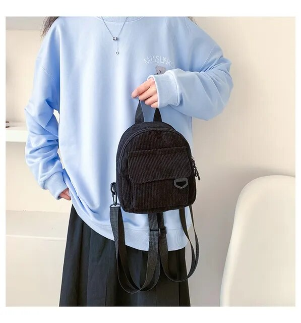 Mini zaino da donna alla moda Zaini piccoli in velluto a coste tinta unita Zaini da viaggio per studenti semplici e casual_voghion.com