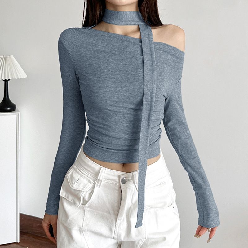 Top in maglia irregolare con nastro annodato dal design personalizzato per donna con scollo a spalle scoperte, maglietta estiva slim fit tinta unita di base_voghion.com