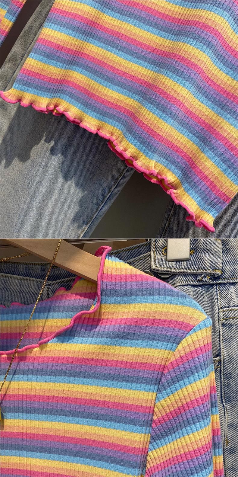 339 # Ženska črtasta majica z dolgimi rokavi iz čistega bombaža, notranja spodnja majica z majhno velikostjo, zunanja majica za zgodnjo pomlad in jesen_voghion.com