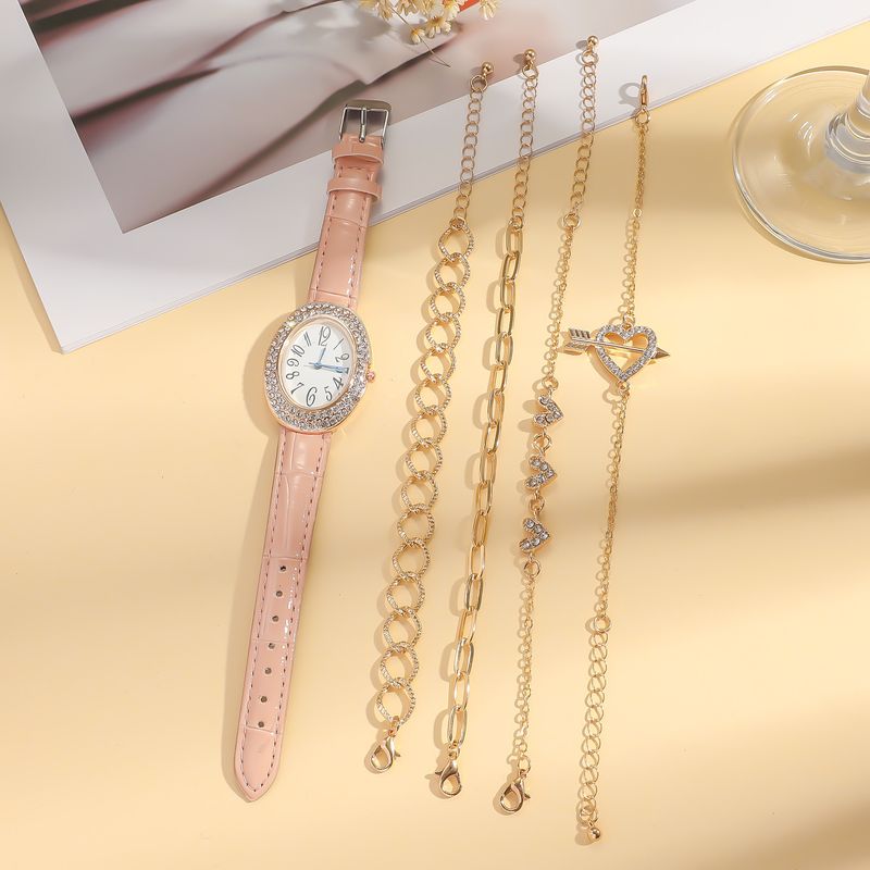 Orologio al quarzo con cinturino in coccodrillo con diamanti rotondi da donna + set di gioielli_voghion.com