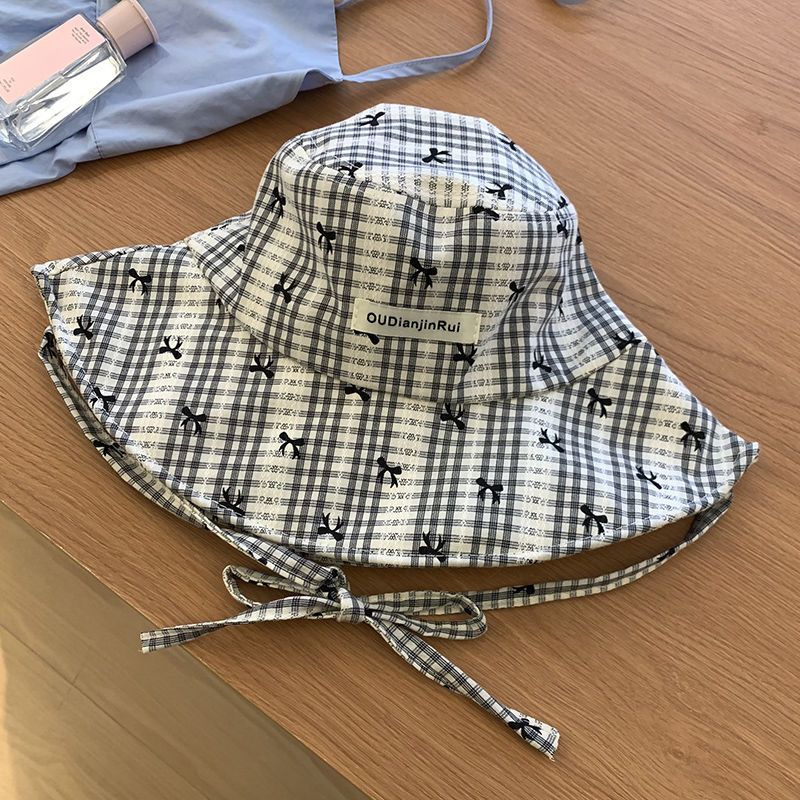 Blau karierter Fischerhut für Damen, Sommerhut mit großer Krempe und Umschnall-Sonnenhut, faltbar_voghion.com