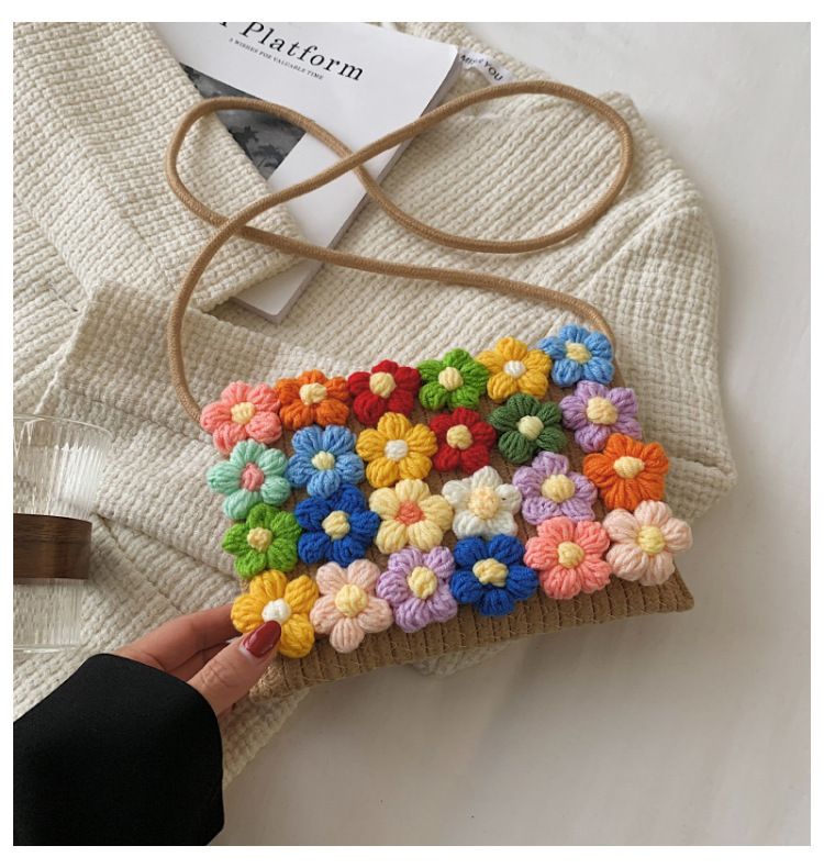 Borsa a tracolla all'uncinetto da donna - Borsa a tracolla floreale bohémien (nero/bianco/beige) - Borsa da spiaggia in cotone fatta a mano_voghion.com