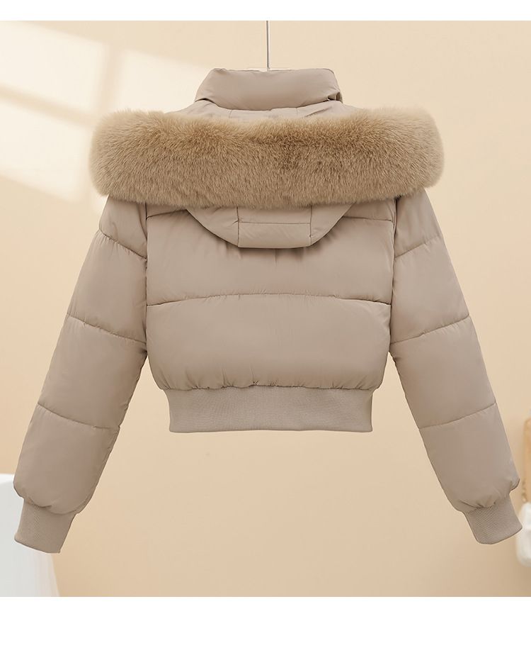 Dicke, kurze Pufferjacke für Damen mit Kunstpelzkapuze – warmer Wintermantel, schmale Passform, Taillenbetonung, Polyester-Außenmaterial, Kaninchenfellbesatz, lässige Oberbekleidung_voghion.com
