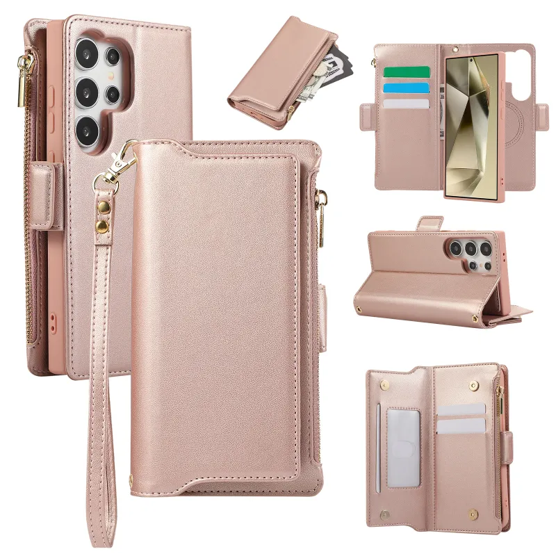 Capa de couro com zíper para cartões Crossbody Solt Wallet para Samsung S24 Ultra S23 Plus S22 S21 A55 A15 A14 A54 em 1 capa de bolsa destacável_voghion.com