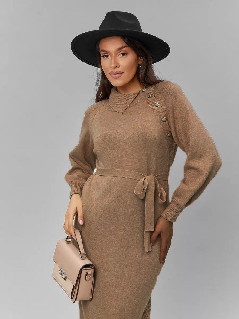 Collo ribaltabile, bordo smussato, bottoni in maglia autunno inverno, nuovo abito casual e alla moda in lana per le donne_voghion.com