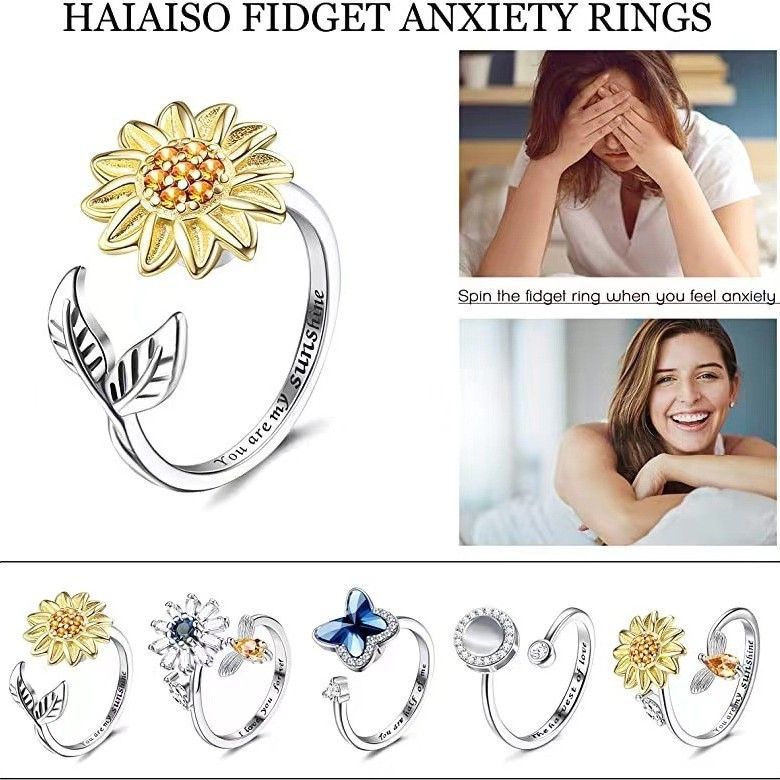 Rotating Engraving Adjustable Anxiety Open Stress Relief Zircon Ring For Women_voghion.com