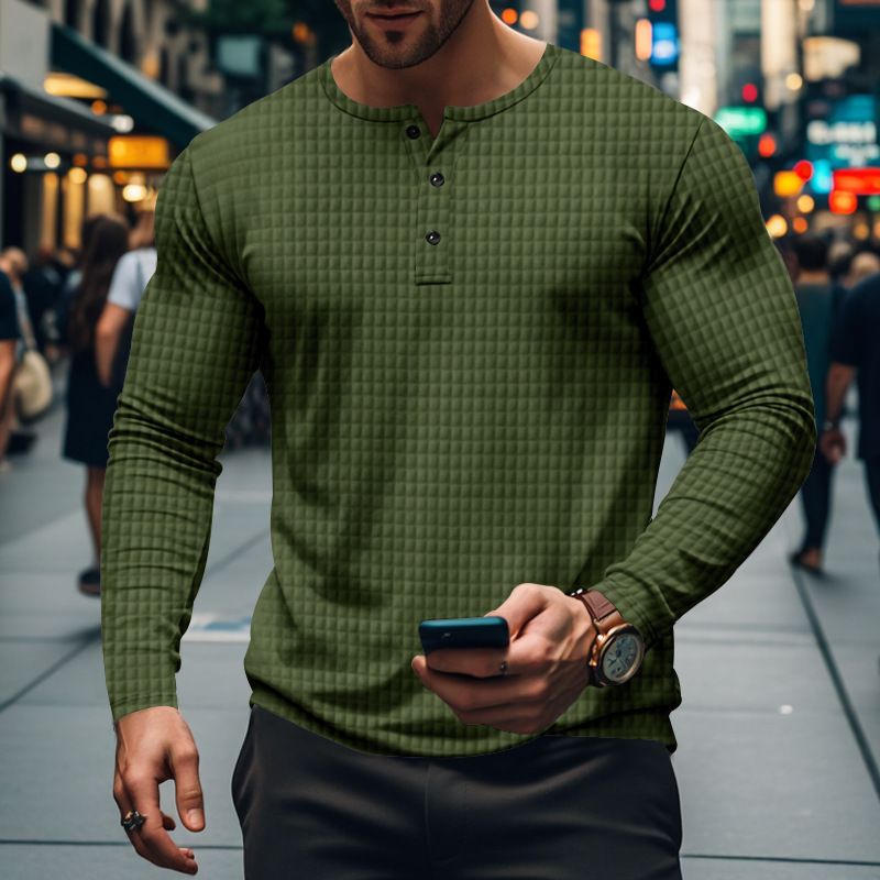 Suitable For All Seasons Autumn Winter Small Check Sports Breathable Long Sleeve T-Shirt Men's Casual Henley Shirt_voghion.com