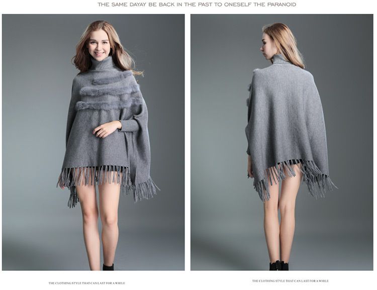 Cape à pompon grande taille Cape Pull à manches chauve-souris pour femme Manteau pull à col roulé mi-long_voghion.com