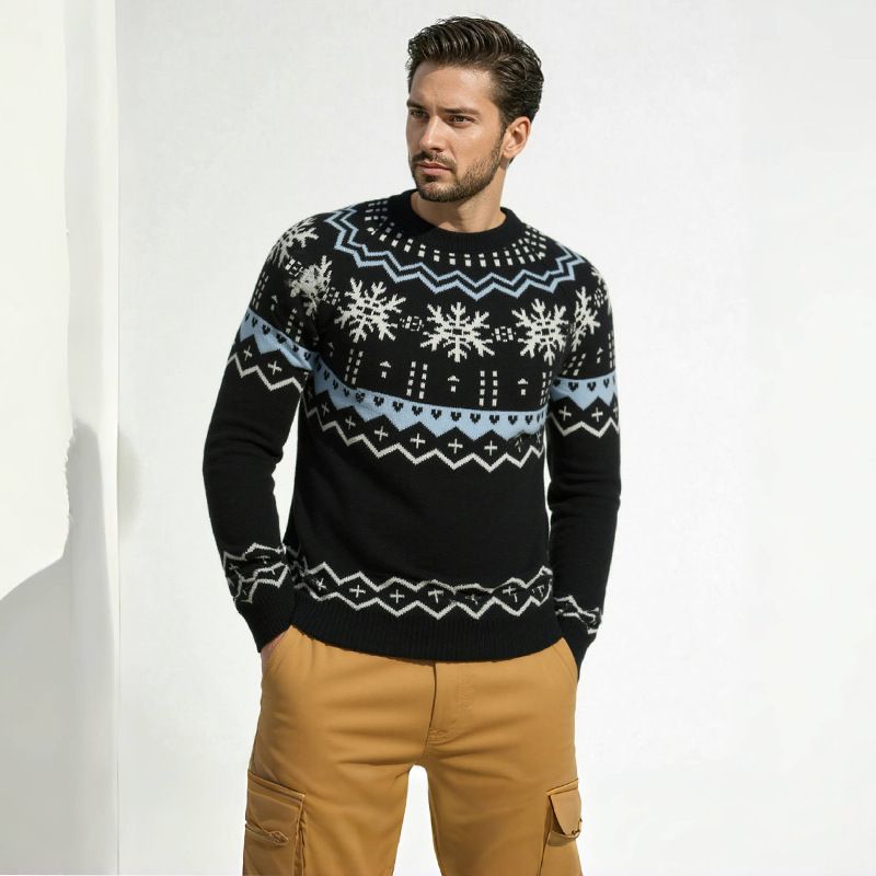 Men’s Snowflake Embroidered Sweater – Oversized Ribbed Hem Pullover (L-3XL, Soft Modal Blend, Machine Washable)_voghion.com