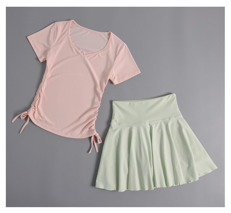 Ropa de yoga, camiseta de manga corta para mujer, top adelgazante con cordón, ropa de entrenamiento de pilates, ropa de fitness, falda plisada_voghion.com