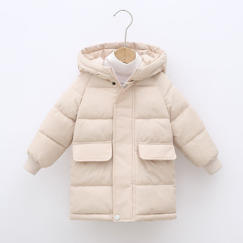 Giacca unisex in cotone di media lunghezza per bambini, con cappuccio e spessa (nero/bianco sporco/rosa/blu denim/bordeaux, 90-140 cm)_voghion.com