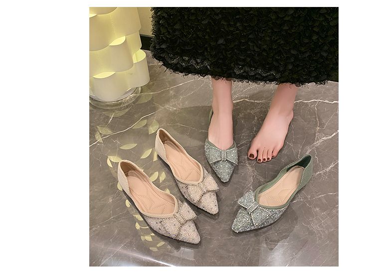 Elegante Ballerinas mit Schleife und spitzer Spitze für Damen – Glitzernde Strass-Ballerinas, Prinzessinnen-Pumps mit niedrigem Absatz, bequeme Slip-On-Abendschuhe_voghion.com