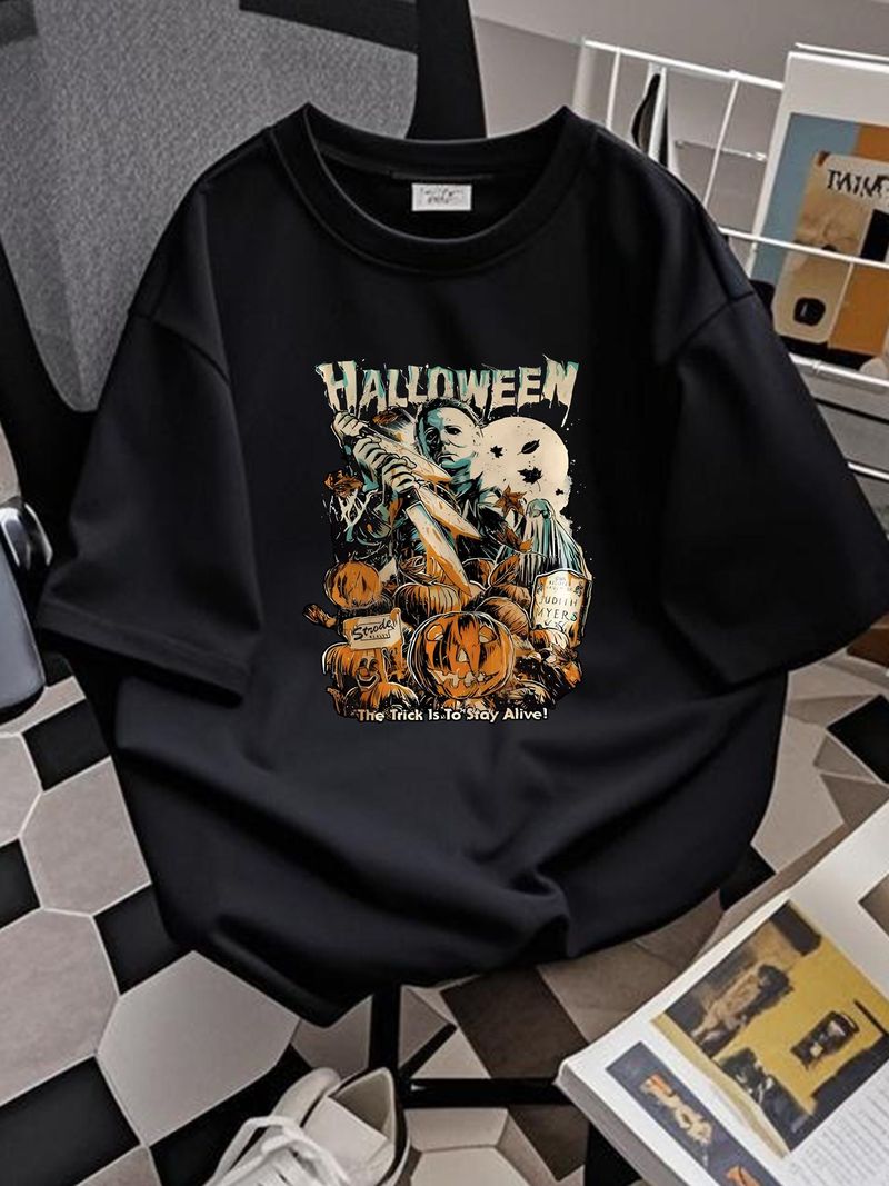 Maglietta "The Trick Is To Stay Alive", maglietta di Halloween, maglietta di film horror, abiti firmati morbidi, grafica comoda, allungata, versatile, leggermente_voghion.com