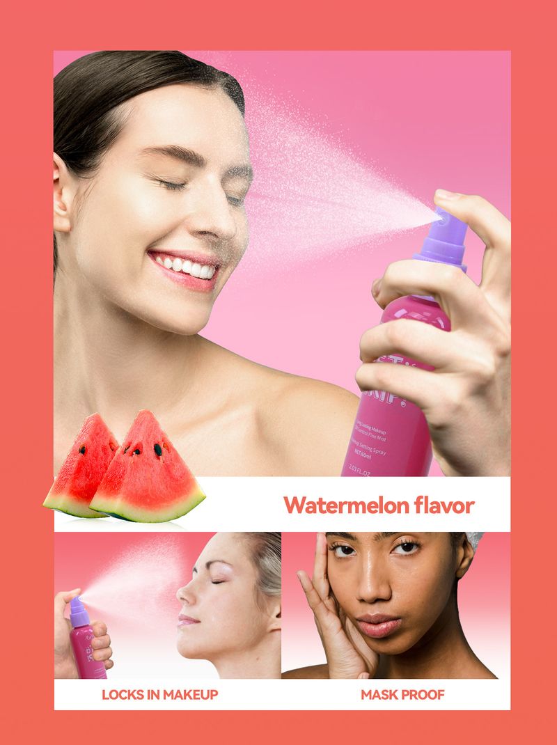 Gesichtsgrundierung, Wassermelonengeschmack, Make-up-Fixierspray, trockenes, feuchtigkeitsspendendes Make-up-Entferner, langanhaltend, mild, wasserfest und schweißfest, tragbar, 60 ml_voghion.com