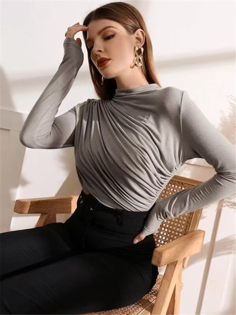 2025 Autumn And Winter New Design, Pleated Versatile Long Sleeved T-shirt, Women's Solid Color Top_voghion.com