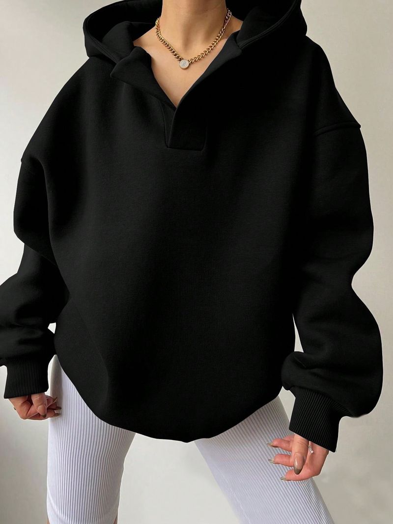 Women's Clothing Sweatshirt Solid Color Long Sleeve Hooded Solid Color Loose Sweater Women's Top_voghion.com