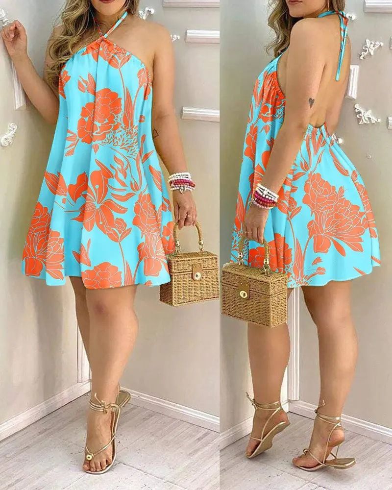 2025 Summer Printed Shoulder Hanging Neck Strap Loose Women's Dress For Women_voghion.com