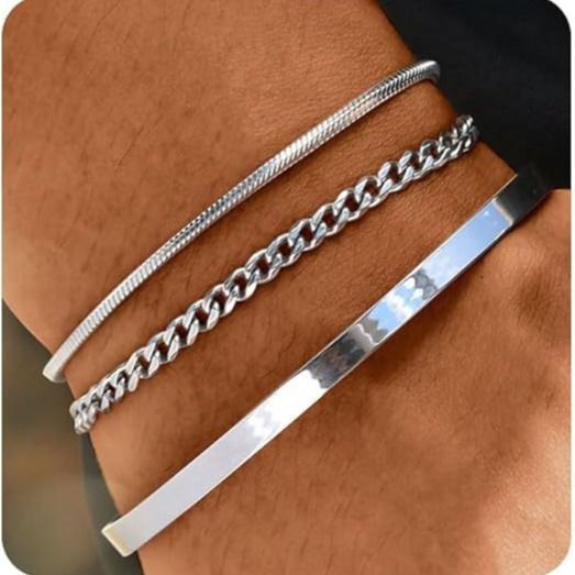 New Fashion Stackable Cuff Stainless Steel 3-Piece Layered Bangle Snake Cuban Chain Bracelet Set_voghion.com