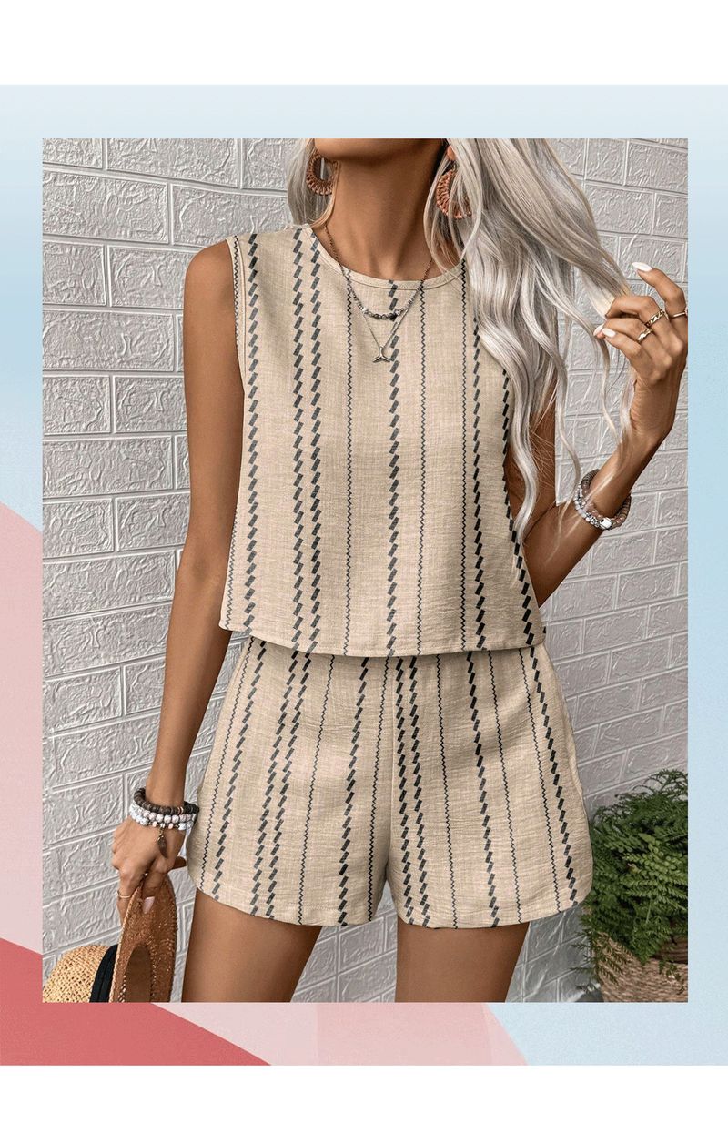Ensemble haut sans manches et short à rayures rétro – Polyester respirant (S-XL) | Tenue d'été 2 pièces_voghion.com