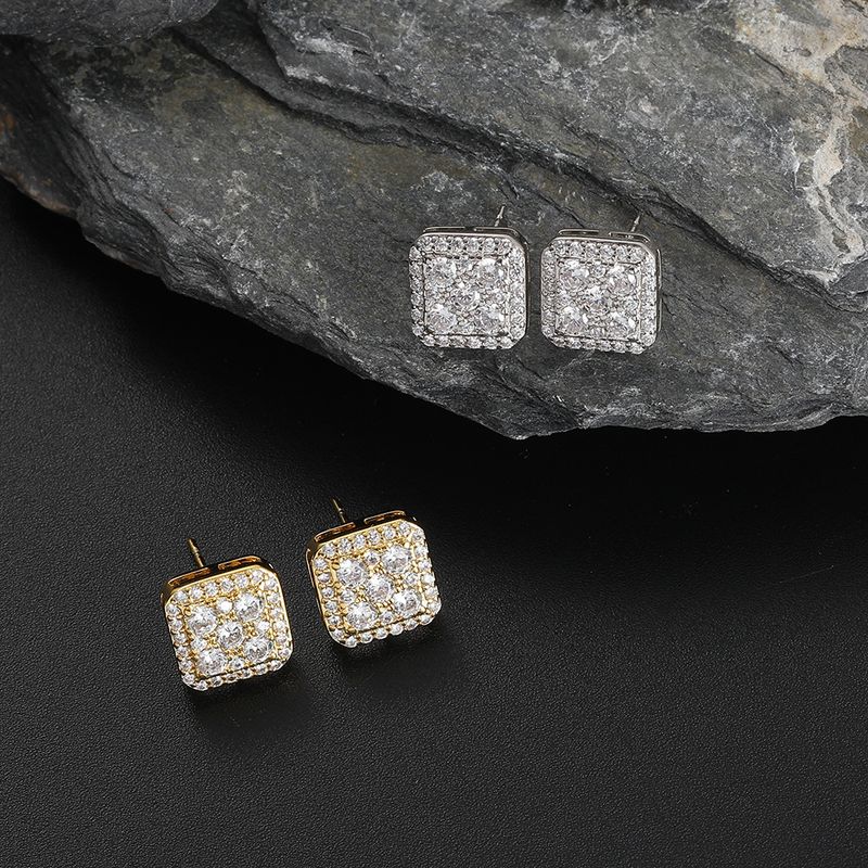 Boucles d'oreilles carrées pour femmes avec micro-incrustations de zircons, design simple, tendance, pour hommes et femmes, style discothèque, hip-hop_voghion.com