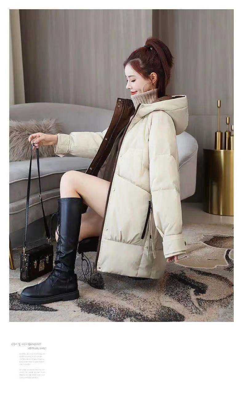 Mit Baumwolle gepolsterte mittellange koreanische Version der Parker-Studentenbrot-Daunenjacke für Damen, locker und trendig hoch_voghion.com