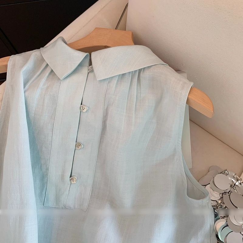 Camicia senza maniche con colletto rovesciato azzurro chiaro da donna, stile coreano, semplice, ampia e snellente, estate 2025_voghion.com