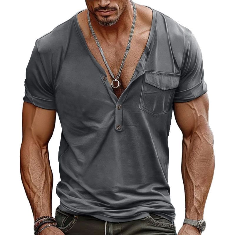 2024 Herren Großes Sommer Casual Button Fit Kurzarm T-Shirt Henry V-Ausschnitt Pocket Top_voghion.com