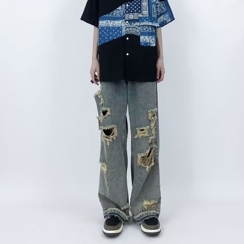 High Street Hole Mid Waist Jeans Men's Retro Beggars Old Loose Slim Bf Straight Wide Leg Mopping Trousers_voghion.com
