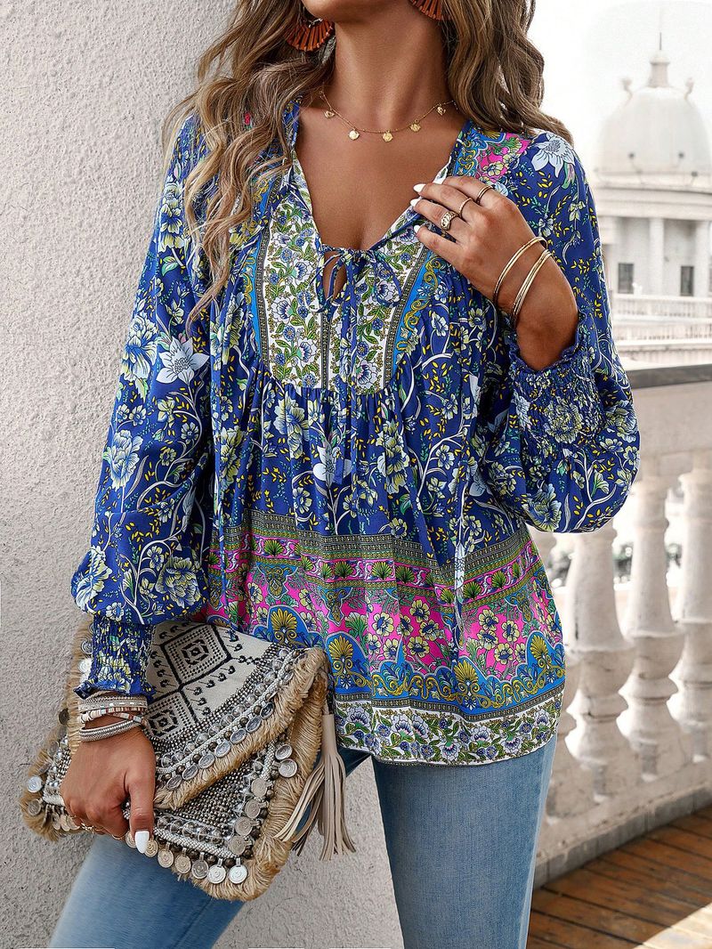 Maglietta stampata da donna, top a maniche lunghe con scollo a V e temperamento_voghion.com