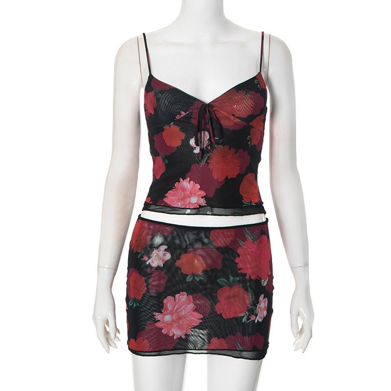 D24ST1252024 New Sexy Suspender Printed Double-layer Lace Top Slim Fit Hip Hugging Short Skirt Set_voghion.com